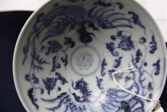 A Chinese blue and white dragon and phoenix bowl, Yongle four character mark to the interior, 15cm.